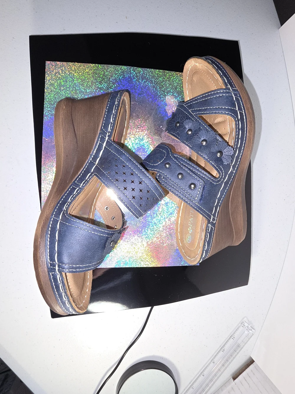 Patrizia Costmary Navy Floral Leather Wedge Sandal Stud Detail Sz 36 (5-6 US)